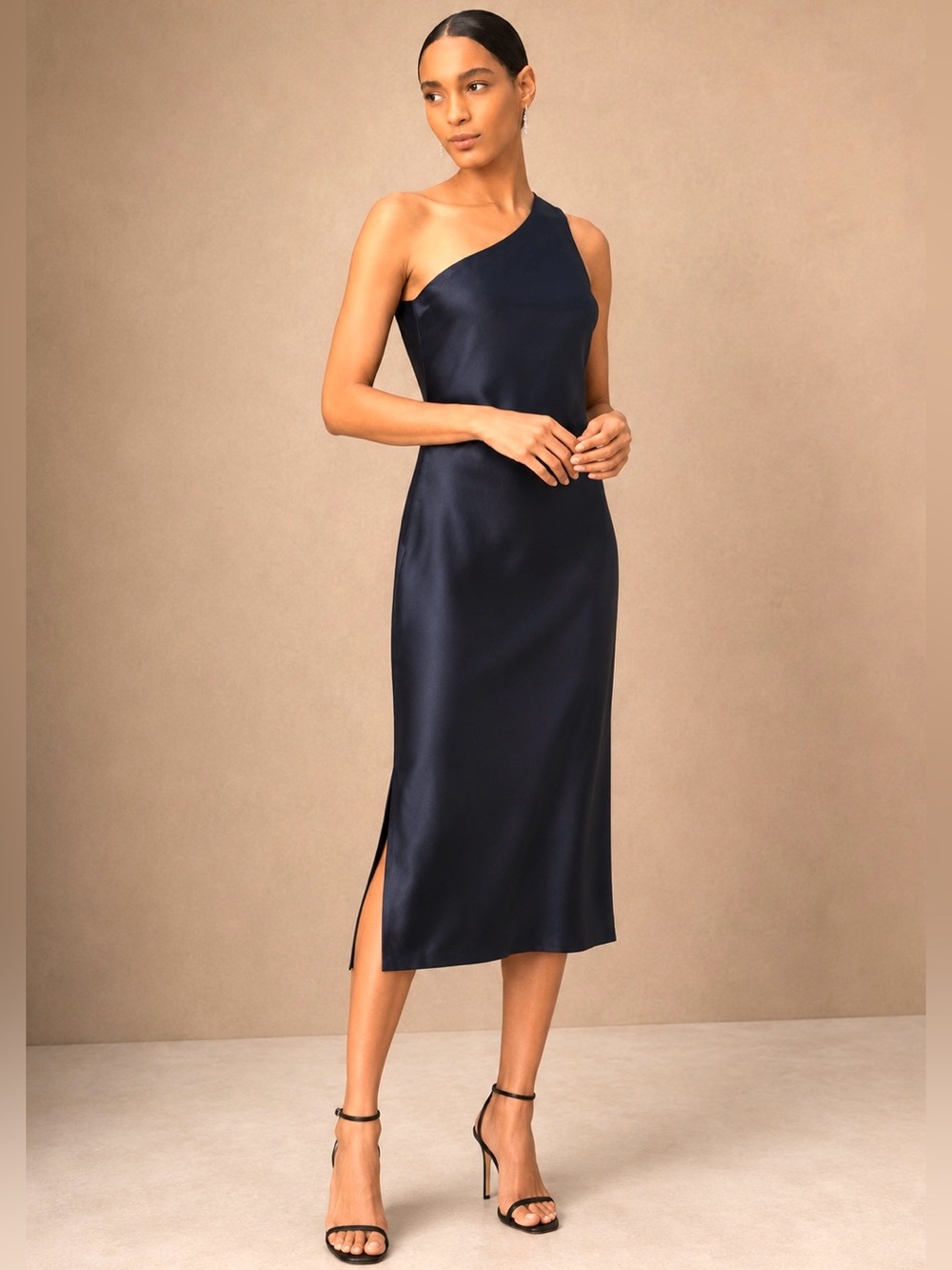 BHLDN Anthropologie Audrie One Shoulder Midi Dress Midnight Navy Blue Size 12